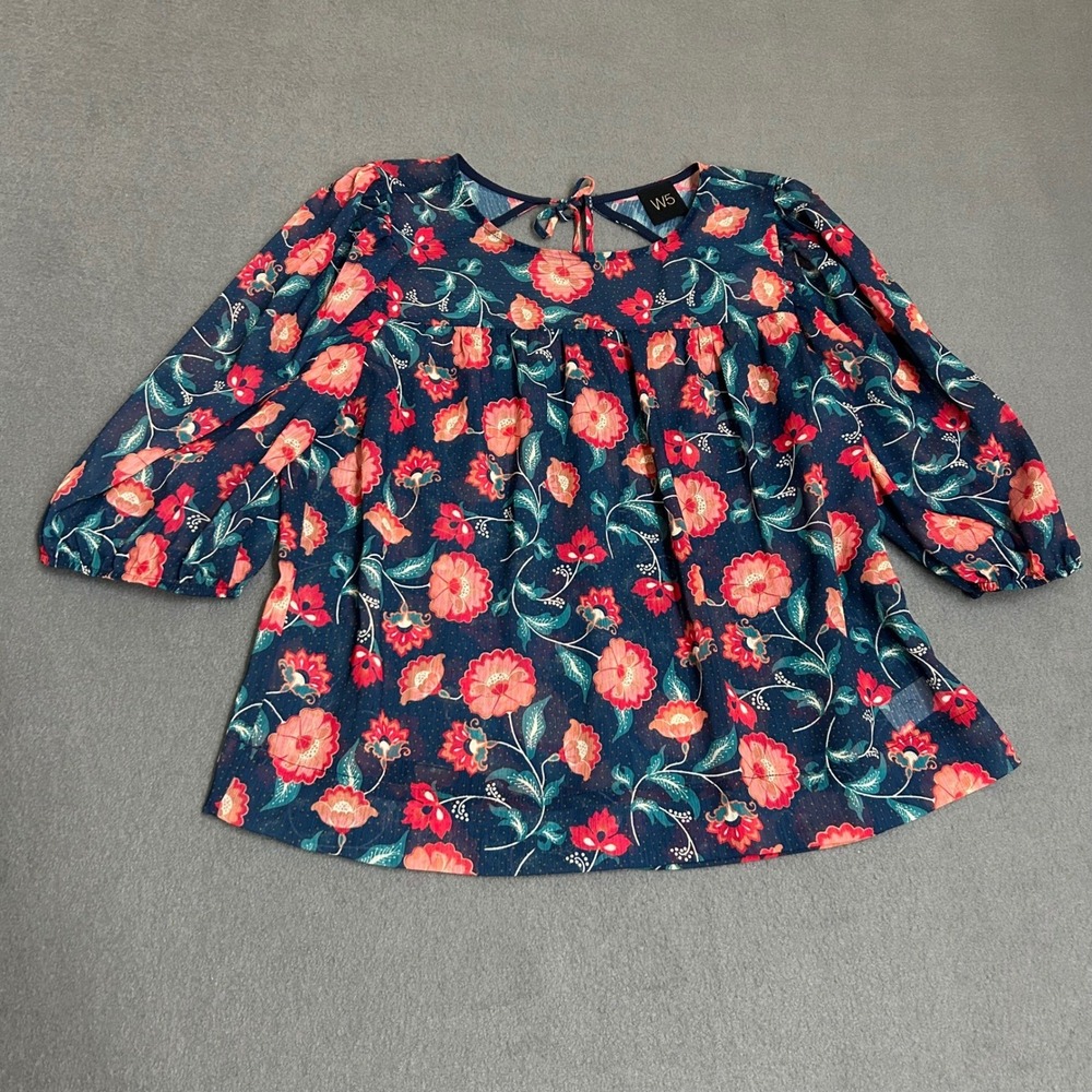 W5 Blouse Womens Medium Navy Blue Floral Sheer Metallic Dot Tie Back Babydoll